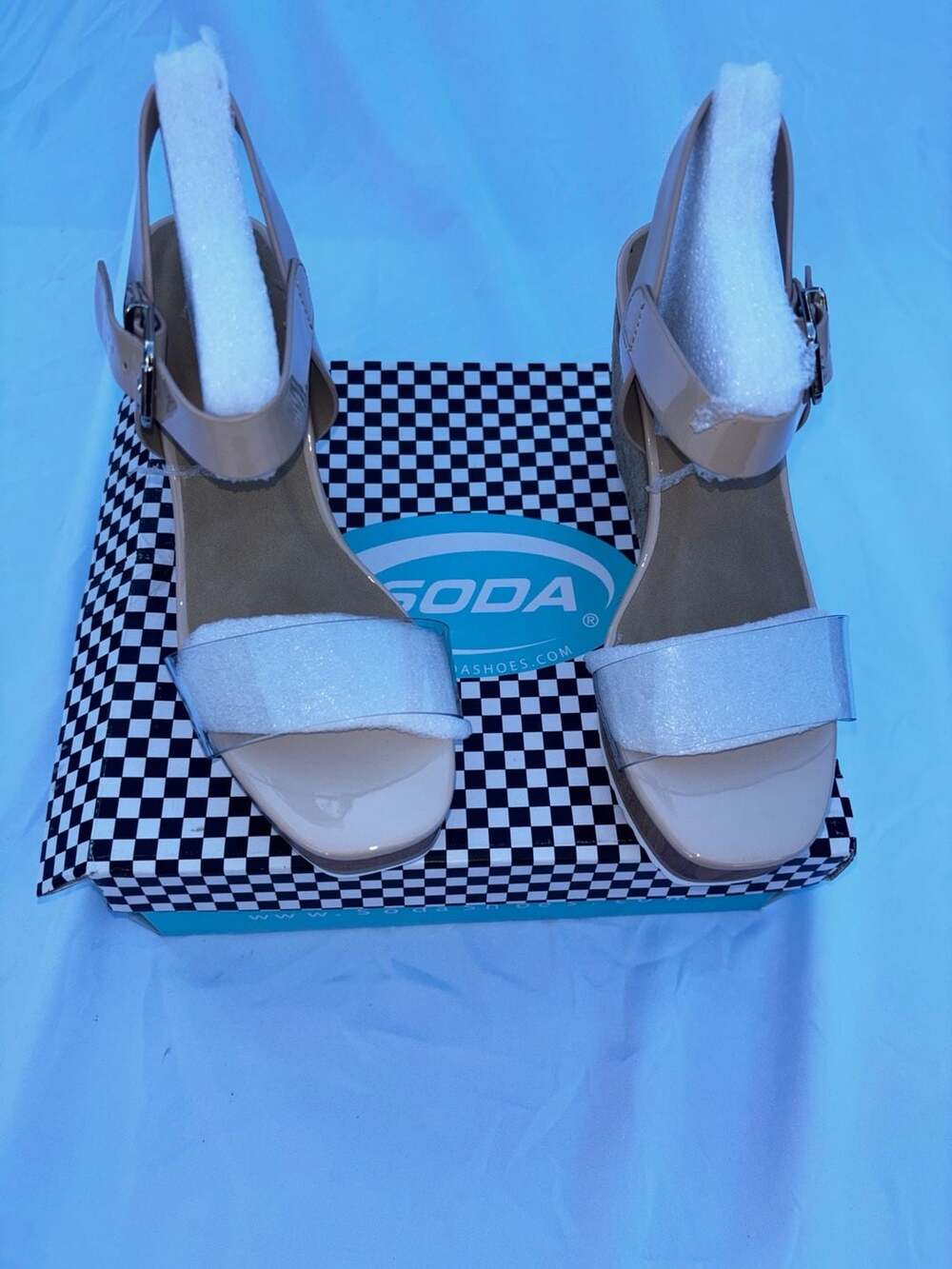 Soda WAIT-A Wedge Sandal Size 6 Nude Clear Ankle Strap Platform